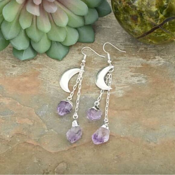 Made in Brazil Amethyst point Moon Dangle Earrings in Silvertone - Picture 5 of 10